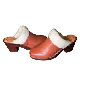 Born NWOT Hope‎ Clog Leather & Shearling Combo Chunky Heel Mule Sz 11 Wood Grain
